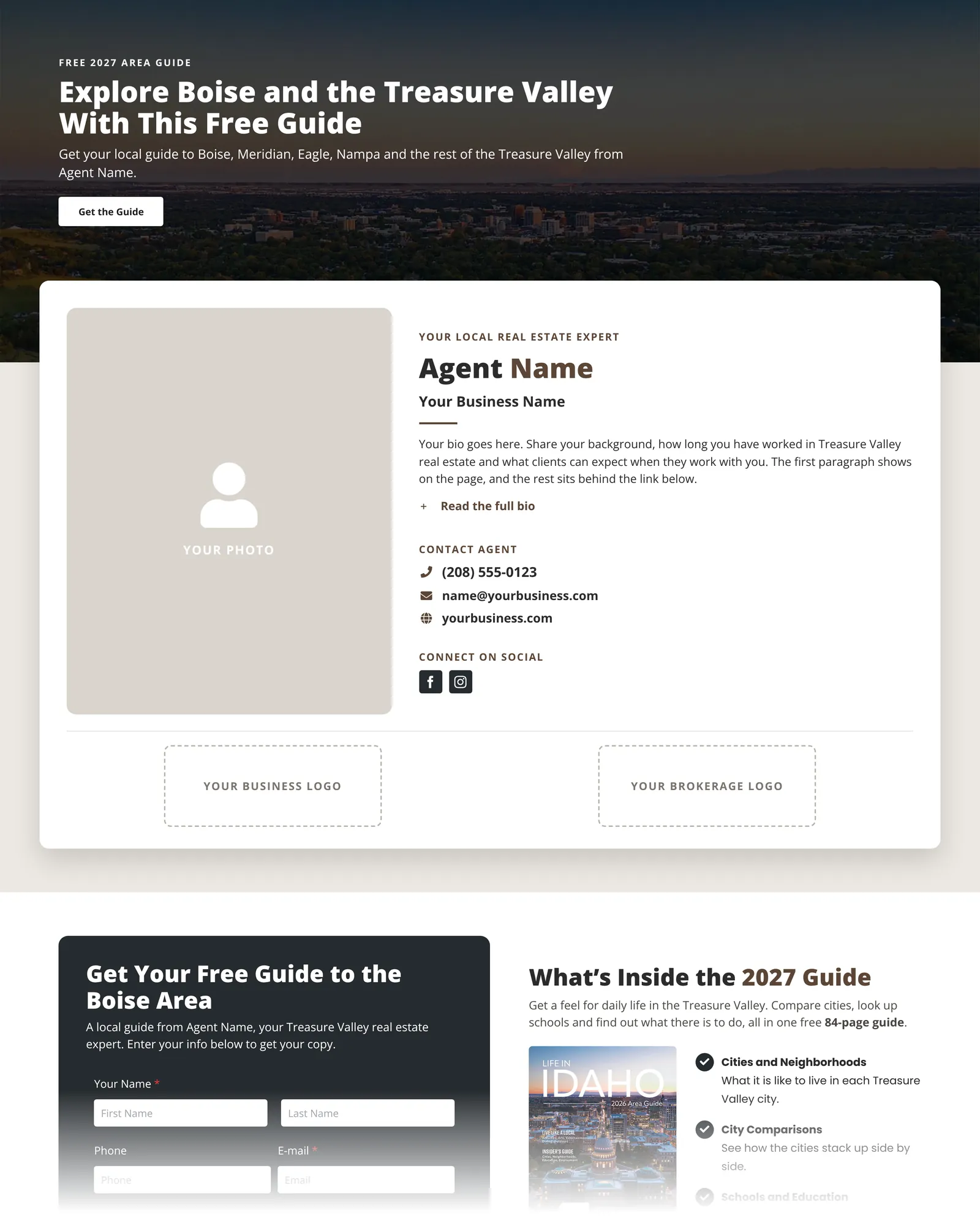 Example agent landing page for the 2027 Life in Idaho Area Guide with agent photo, contact info and guide download form