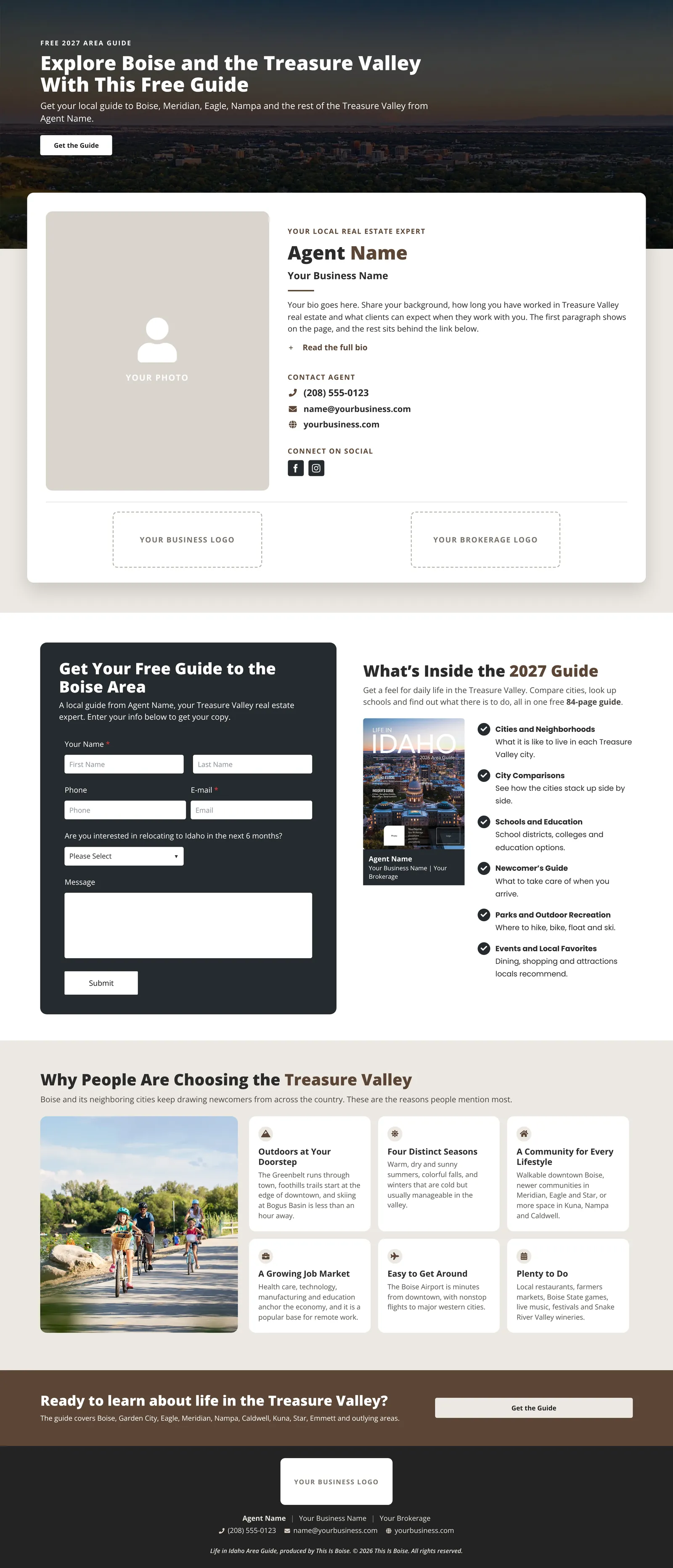 Full example agent landing page for the 2027 Life in Idaho Area Guide